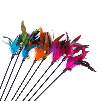 5pcs Cat Teaser Toy Set – Feather Wand & Bell Stick for Interactive Play