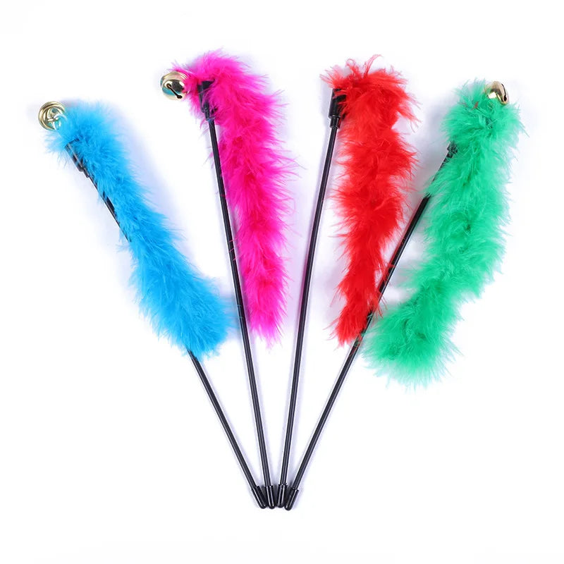 5pcs Cat Teaser Toy Set – Feather Wand & Bell Stick for Interactive Play
