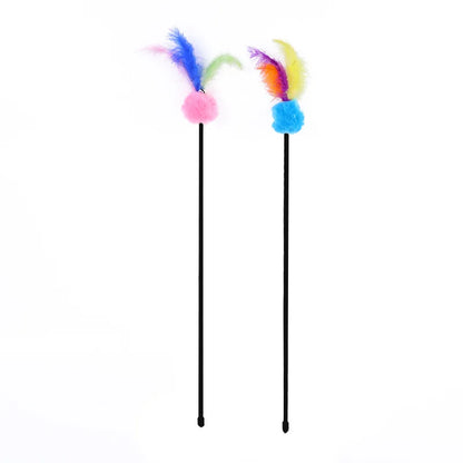 5pcs Cat Teaser Toy Set – Feather Wand & Bell Stick for Interactive Play
