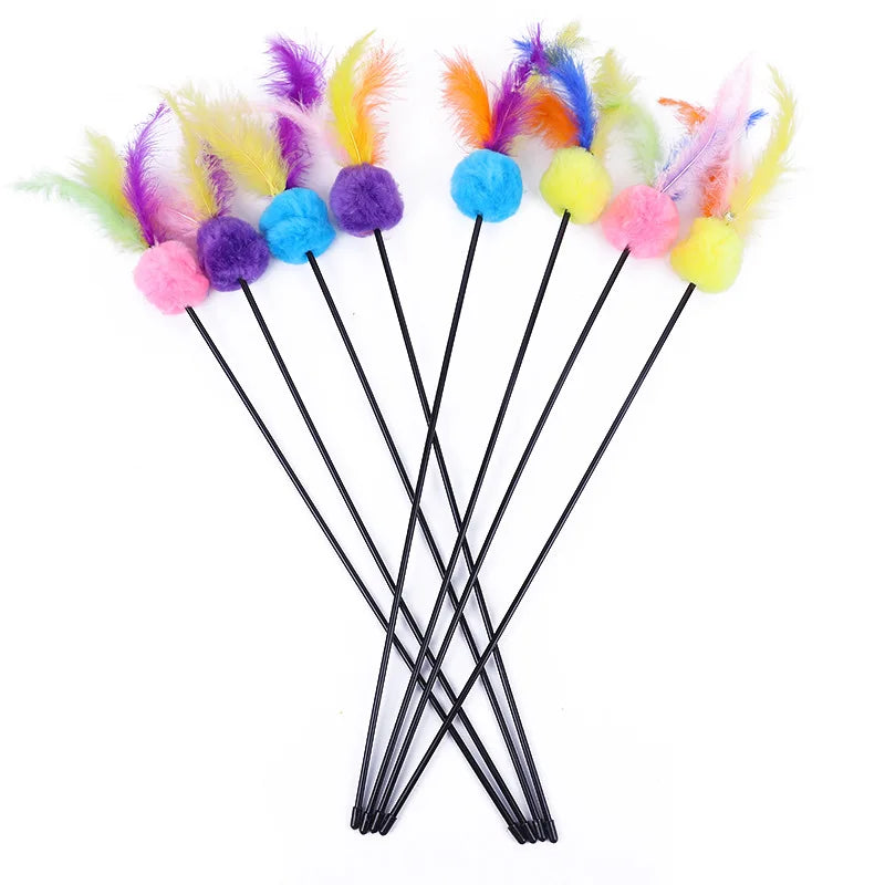 5pcs Cat Teaser Toy Set – Feather Wand & Bell Stick for Interactive Play