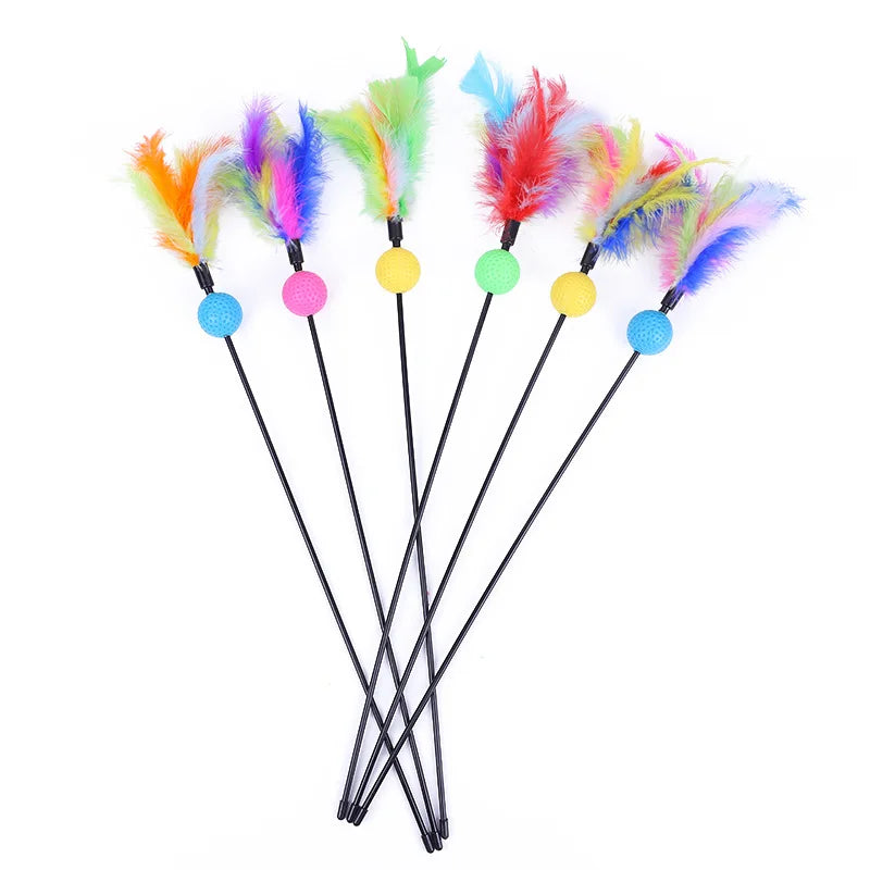 5pcs Cat Teaser Toy Set – Feather Wand & Bell Stick for Interactive Play