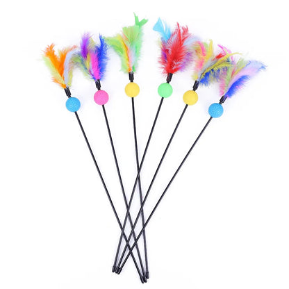 5pcs Cat Teaser Toy Set – Feather Wand & Bell Stick for Interactive Play