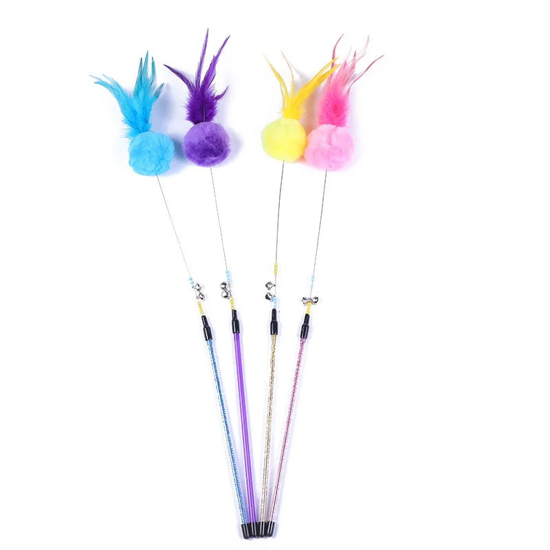5pcs Cat Teaser Toy Set – Feather Wand & Bell Stick for Interactive Play