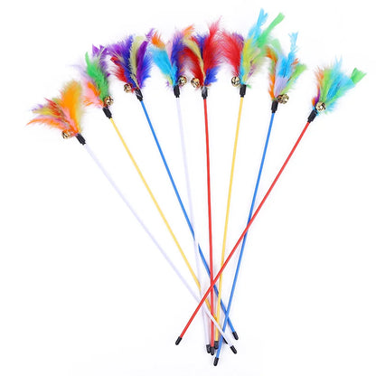 5pcs Cat Teaser Toy Set – Feather Wand & Bell Stick for Interactive Play