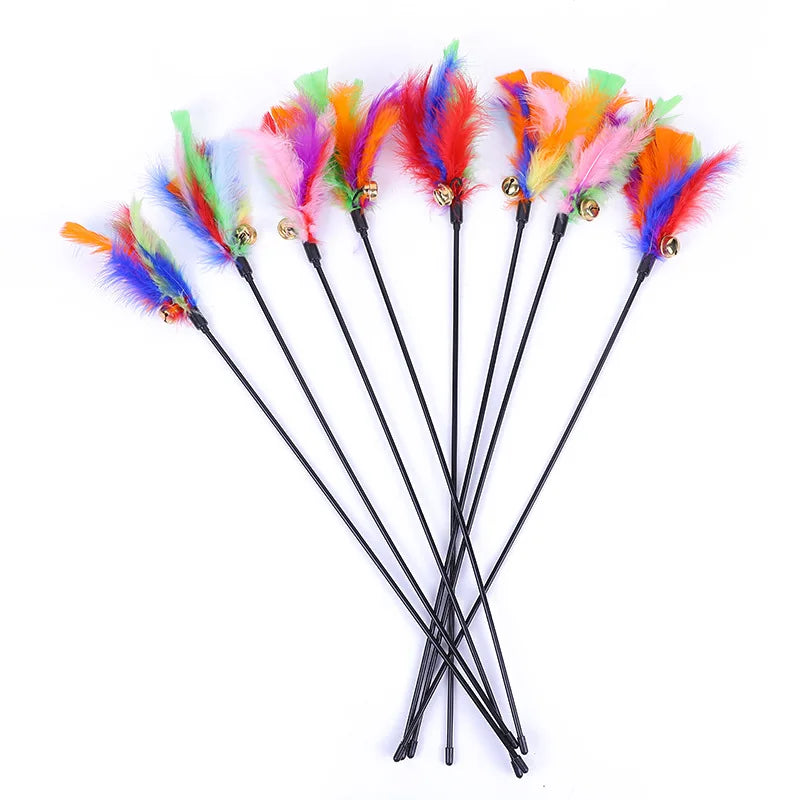 5pcs Cat Teaser Toy Set – Feather Wand & Bell Stick for Interactive Play