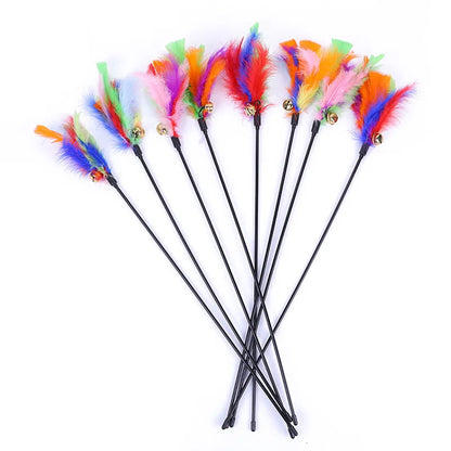 5pcs Cat Teaser Toy Set – Feather Wand & Bell Stick for Interactive Play