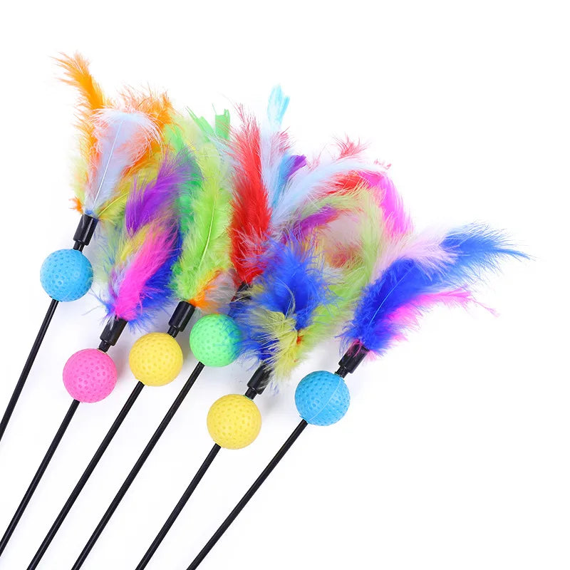 5pcs Cat Teaser Toy Set – Feather Wand & Bell Stick for Interactive Play