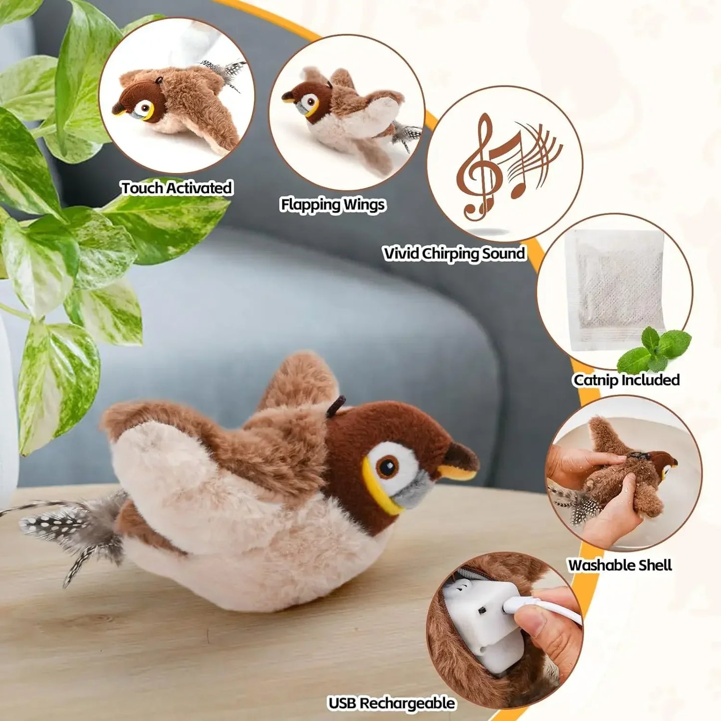 Rechargeable Flapping Bird Cat Toy – Chirping Plush Touch-Activated